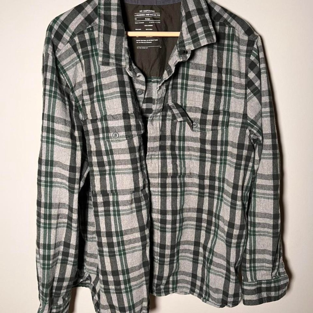 REI Co-op Mens XL Plaid Flannel Shirt Long Sleeve Grey Green Cotton Button Up